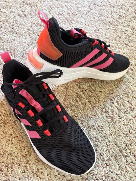 adidas Shoes - adidas Black Sneakers with Pink Stripes and Coral Heel